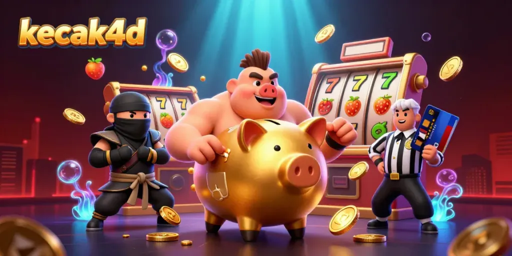 Engage in thrilling gameplay with kecak4d's vibrant casino scene highlighting dynamic slot elements and cartoon characters.