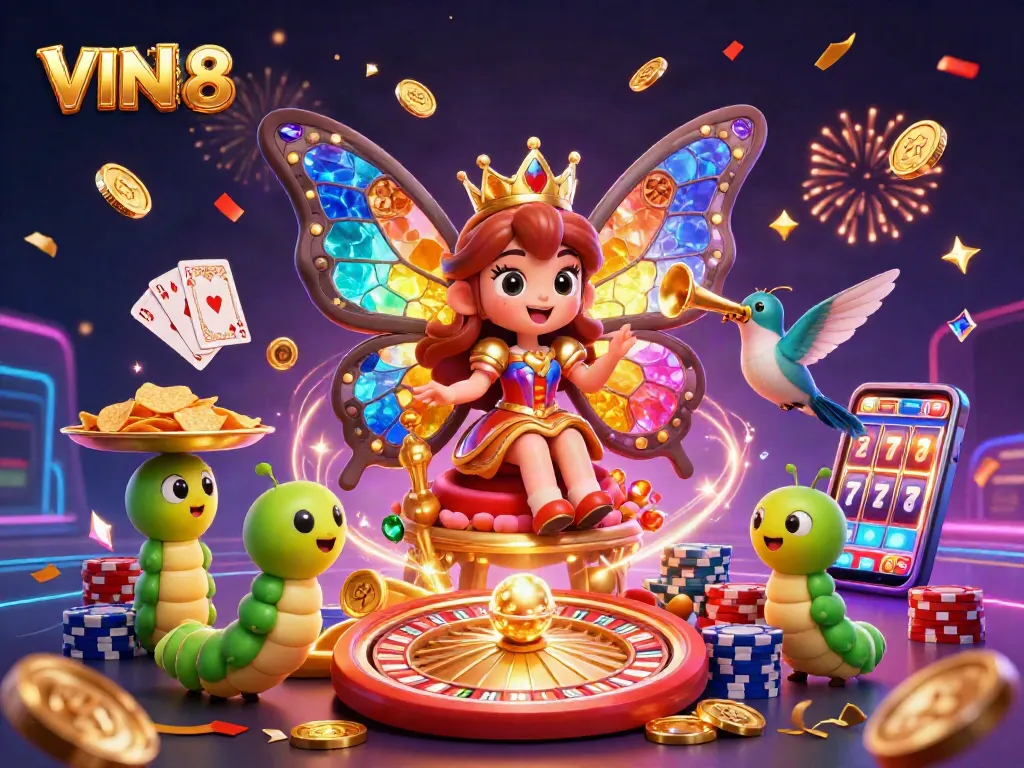Experience thrilling gaming at VIN88 with a vibrant scene featuring a butterfly queen and golden casino elements.