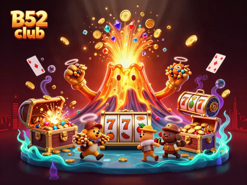 B52 club showcases a vibrant 3D volcanic scene with dynamic casino elements like slot reels and treasures.