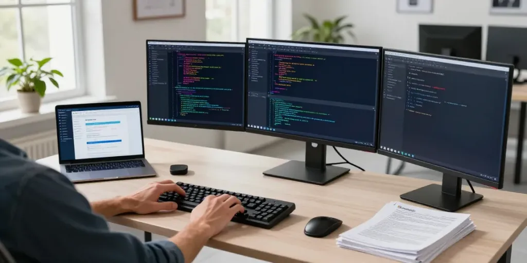 Developer coding in a modern workspace with unified LLM API integration tools and vibrant coding displays.