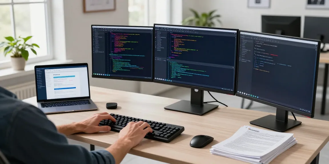 Developer coding in a modern workspace with unified LLM API integration tools and vibrant coding displays.