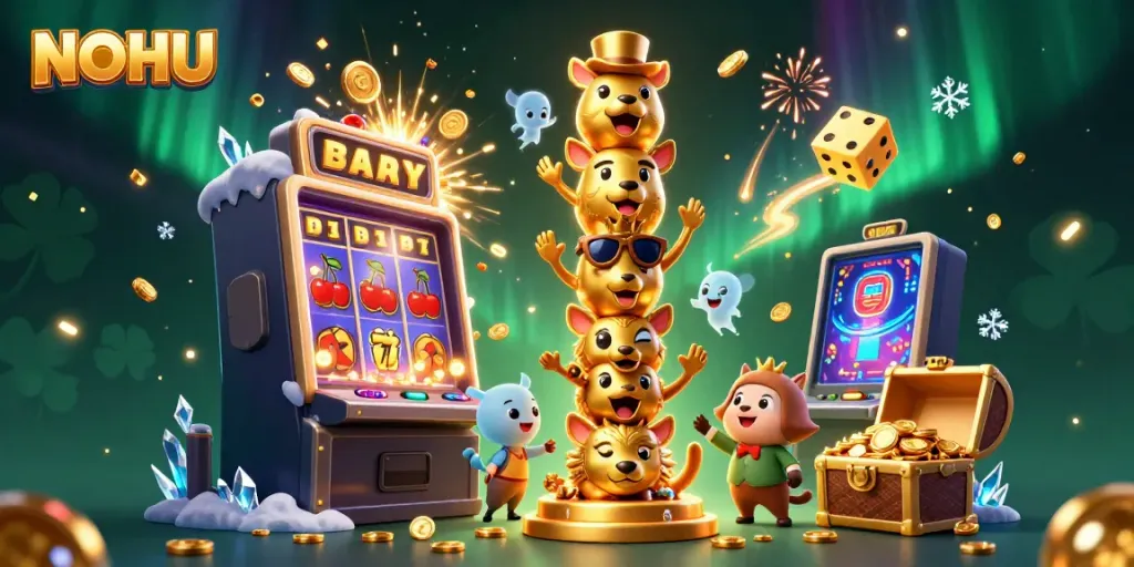 Experience the excitement of NOHU with vibrant slot machines and a captivating golden totem.