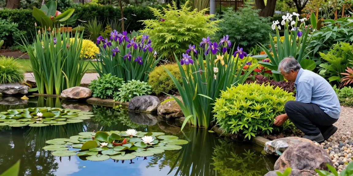 Pond plants like water lilies and irises enhancing a tranquil garden pond scene