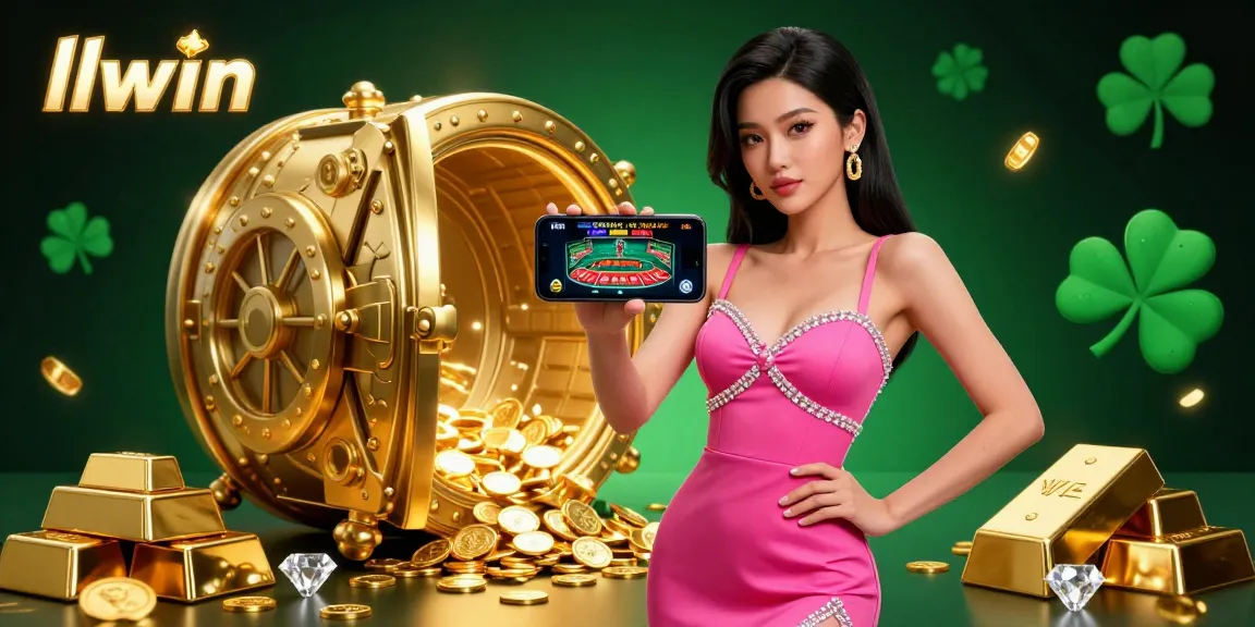 Win big at llwin with a stunning Asian woman showcasing live dealer games in a vibrant casino illustration.