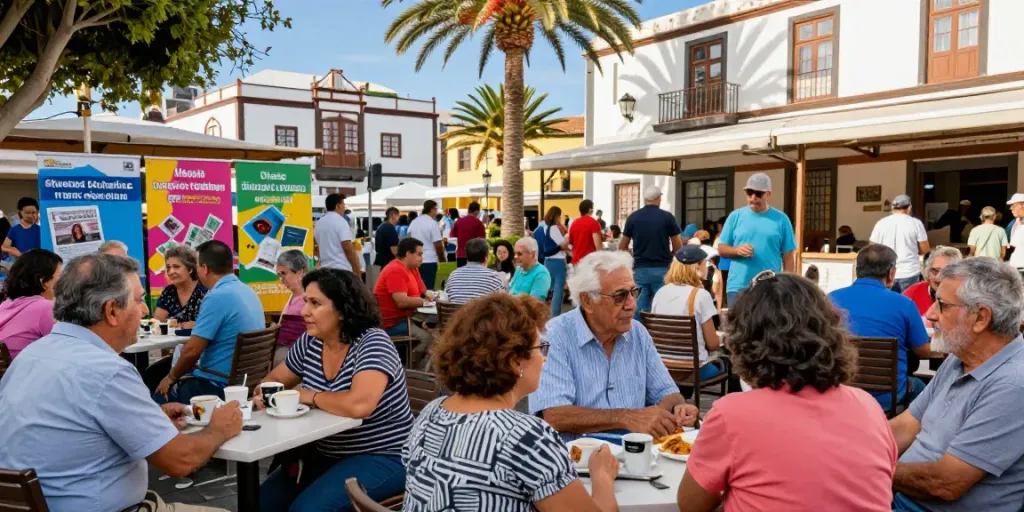 Tenerife Weekly community news event showcasing locals discussing safety initiatives and public renovations in sunny Santa Cruz.