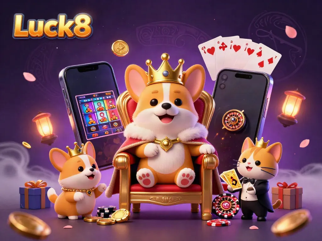 Experience excitement with Luck8, showcasing a royal corgi on a throne of poker chips, surrounded by 3D casino elements.