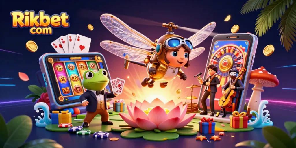 Engage with strategic gameplay at Rikbet com, featuring vibrant casino elements and lively characters.