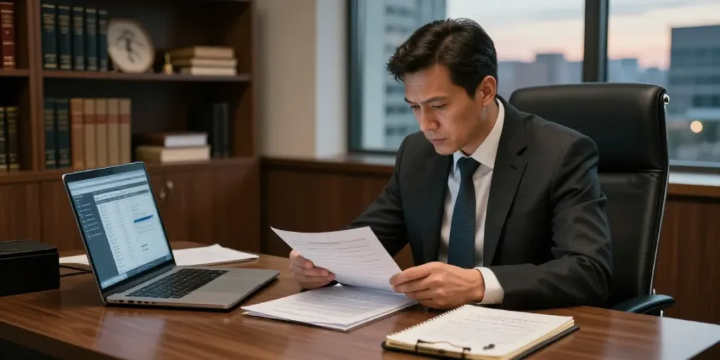 Detective at office reviewing case files with digital analysis, 흥신소 굿탐정 services highlighted.