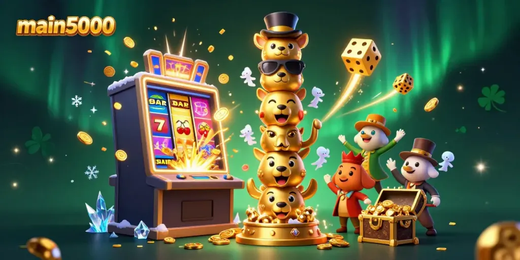 Slot machine jackpot dan totem kasino utama dalam ilustrasi fantastis main5000