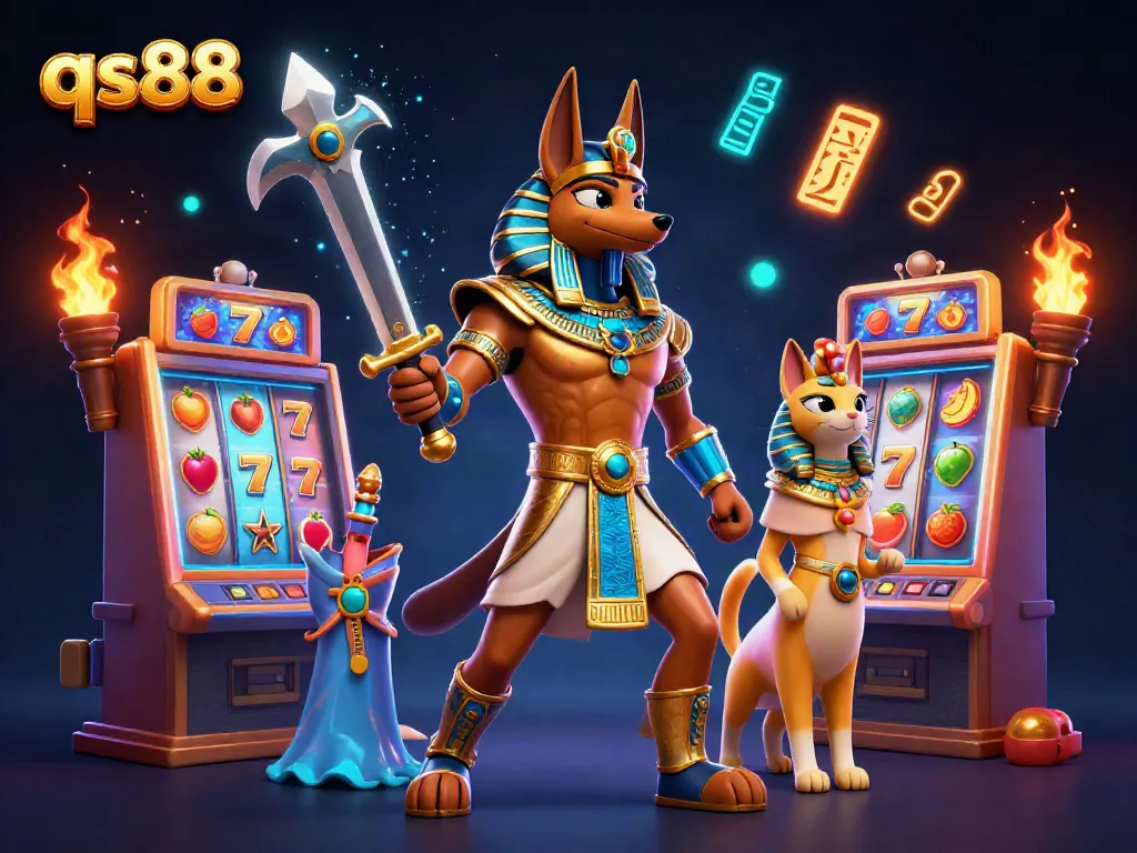 Experience the thrilling qs88 casino atmosphere with Anubis and Bastet among vibrant slot games.
