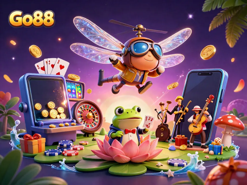 Engage with Go88's vibrant casino scene featuring a dragonfly pilot, frog dealer, and festive atmosphere.