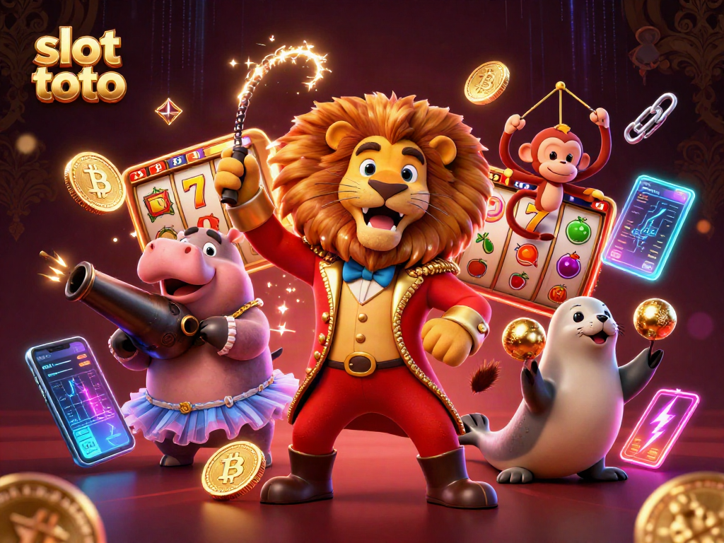 Spin the slot toto with playful circus characters, showcasing vibrant casino elements and crypto coins.