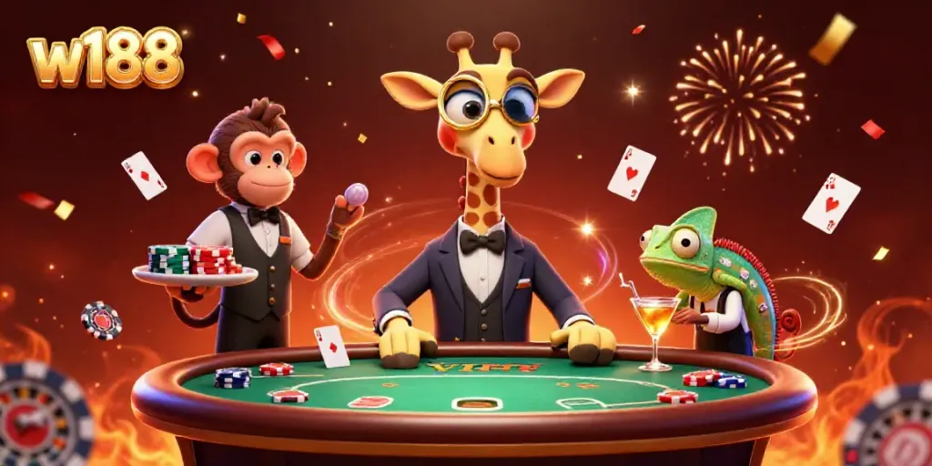 Experience the excitement of w188 with a high-roller giraffe at a VIP poker table and festive casino elements.