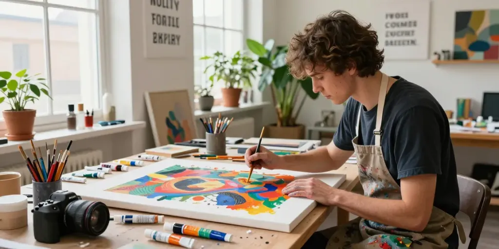 Artist creating a vibrant mixed media artwork in the skintoto studio