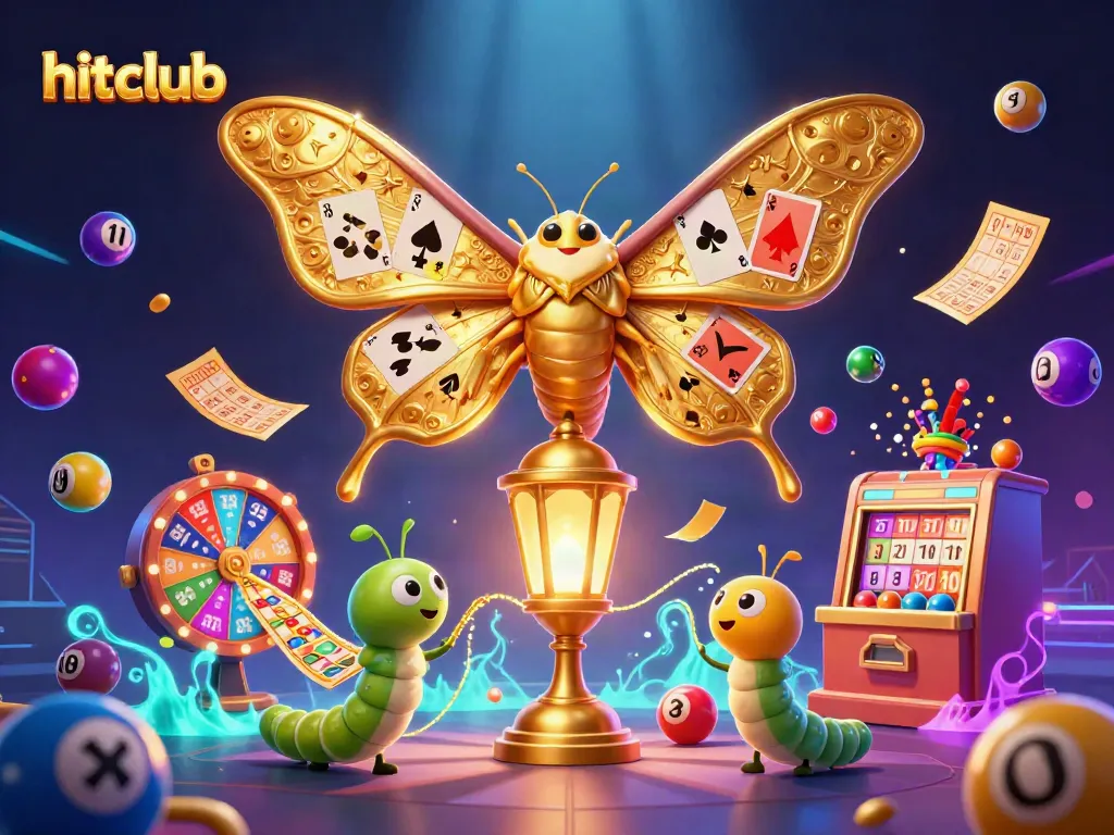 Hitclub presents a vibrant 3D casino scene with golden moths and bouncing lottery balls.