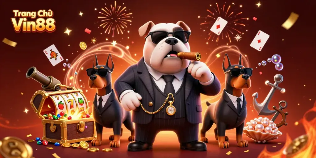 Engage with the vibrant scene of Trang Chủ Vin88 featuring a mafia boss and bodyguards in a thrilling casino ambiance.
