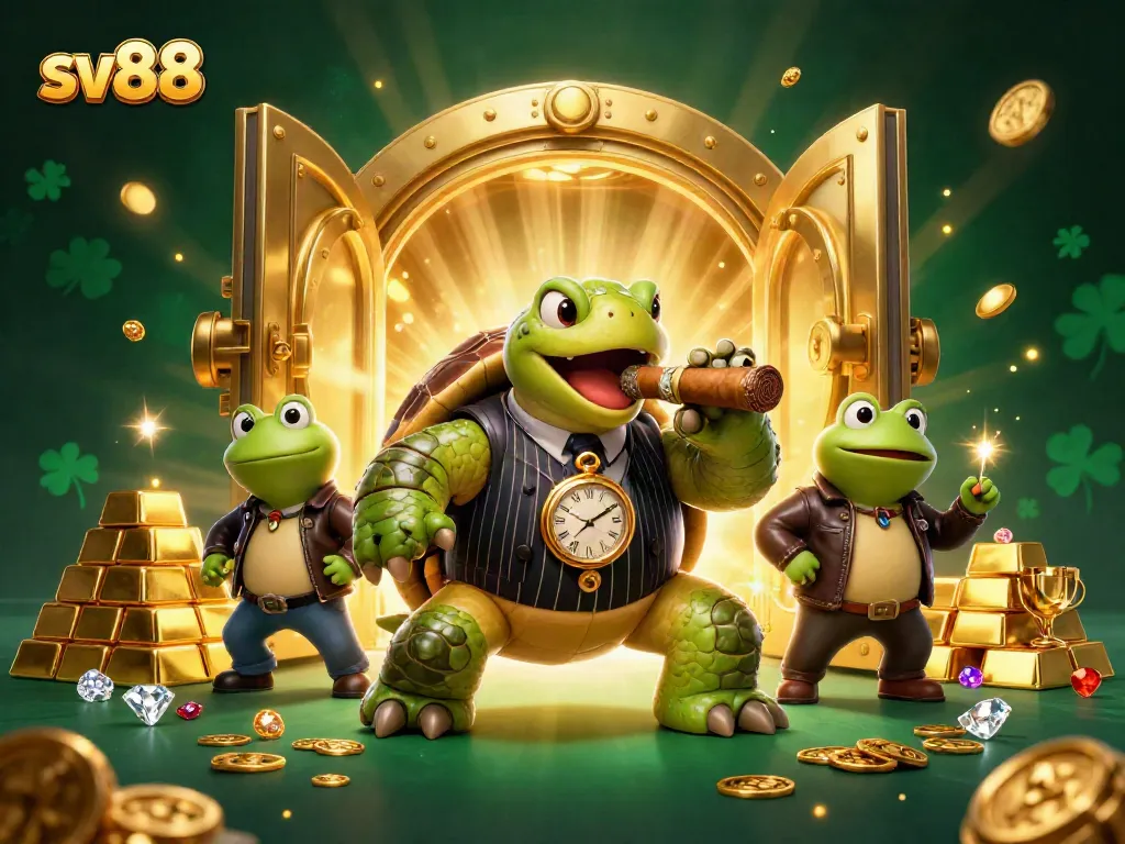 Experience thrilling wins with sv88 in a vibrant, dynamic casino scene featuring playful characters and lavish treasures.