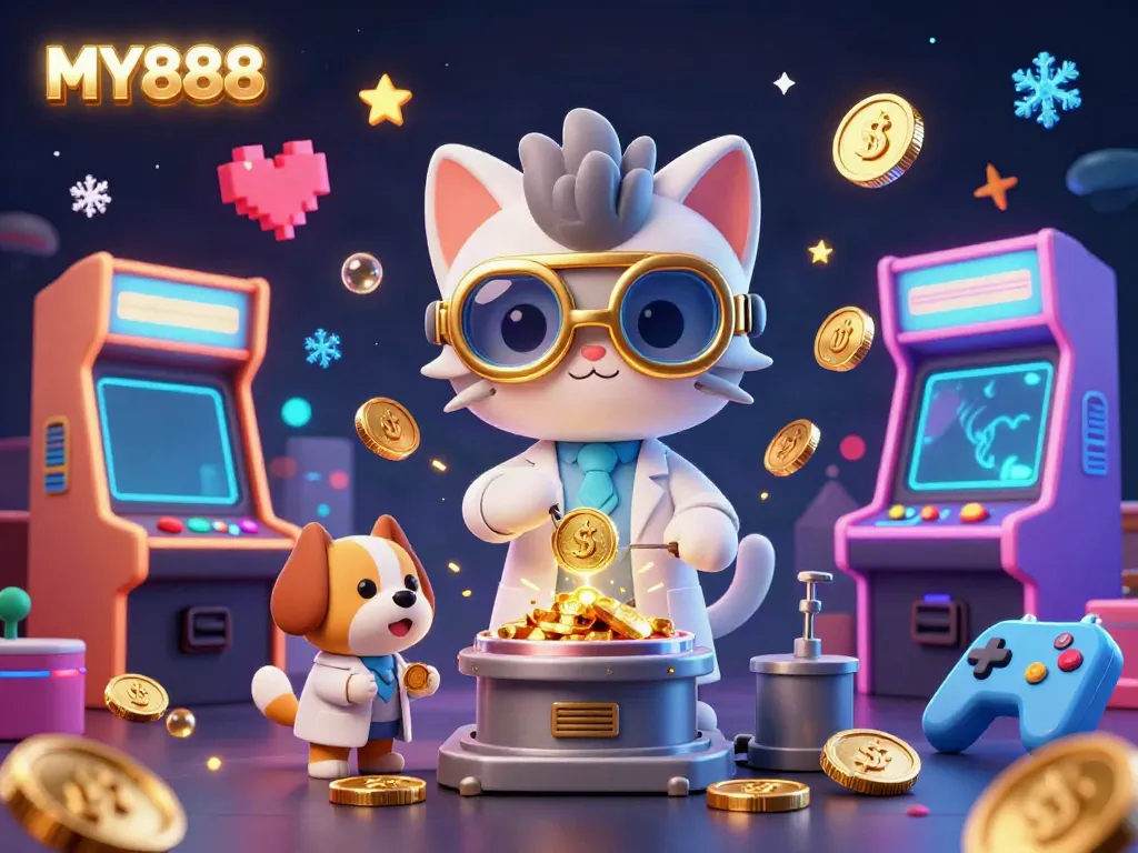 Experience the thrill of MY888 gaming with this vibrant casino-themed illustration featuring interactive game elements.