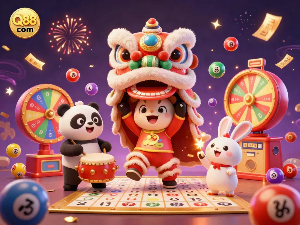 Experience vibrant gaming thrills with Q88 com's festive lion dance scene amidst colorful lottery elements.