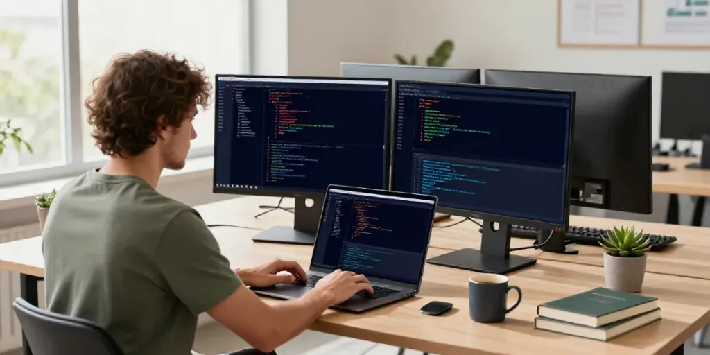 Brave browser developer focused on coding in a modern office workspace.