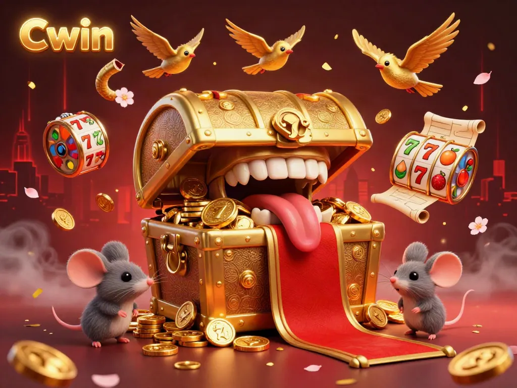Cwin captivates with golden treasures in an illustrated casino scene filled with slots and lucky symbols.