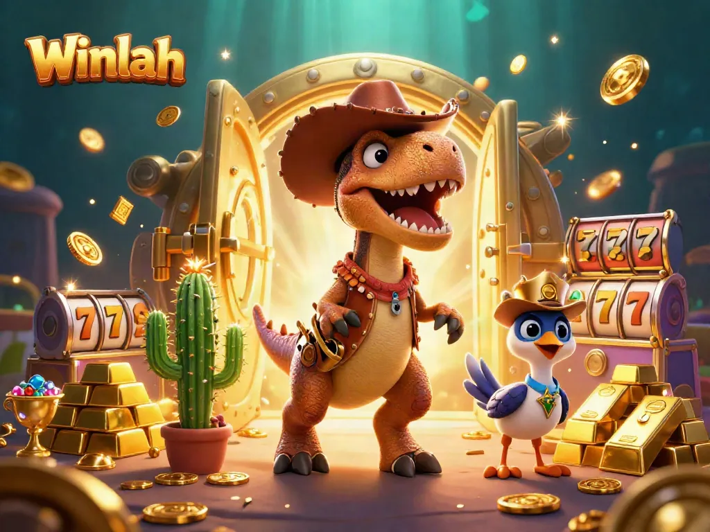 Winlah showcases an exciting 3D scene with a T-Rex cowboy amidst slot game elements.