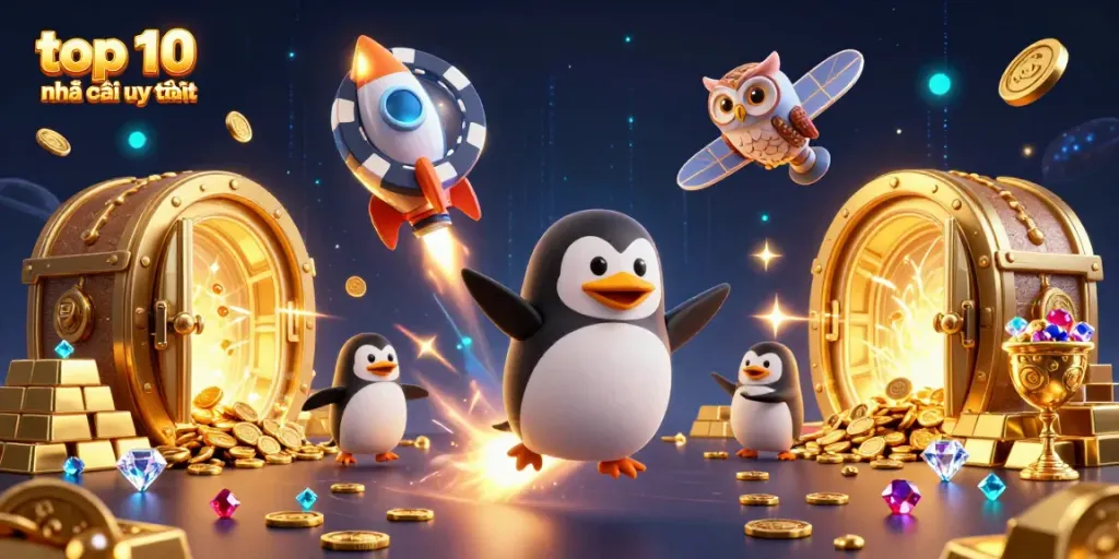 Engage with the top 10 nhà cái uy tín as the golden penguin journeys through a vibrant casino cosmos.