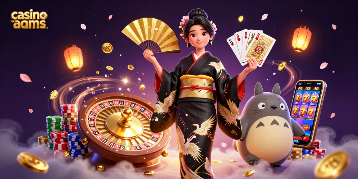 Vivi l'avventura del casino non aams con una donna asiatica elegante e un tanuki fortunato in mezzo a elementi di gioco vibranti.