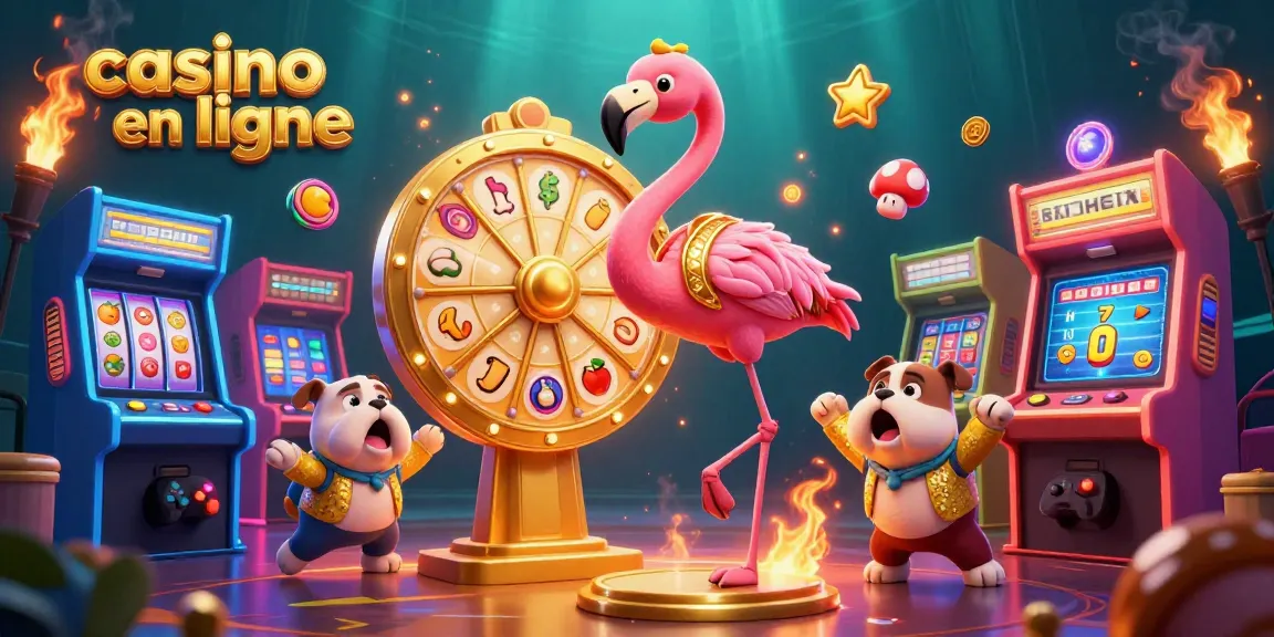 Spin the giant prize wheel at a lively casino en ligne, featuring colorful game characters and vibrant slot machine elements.