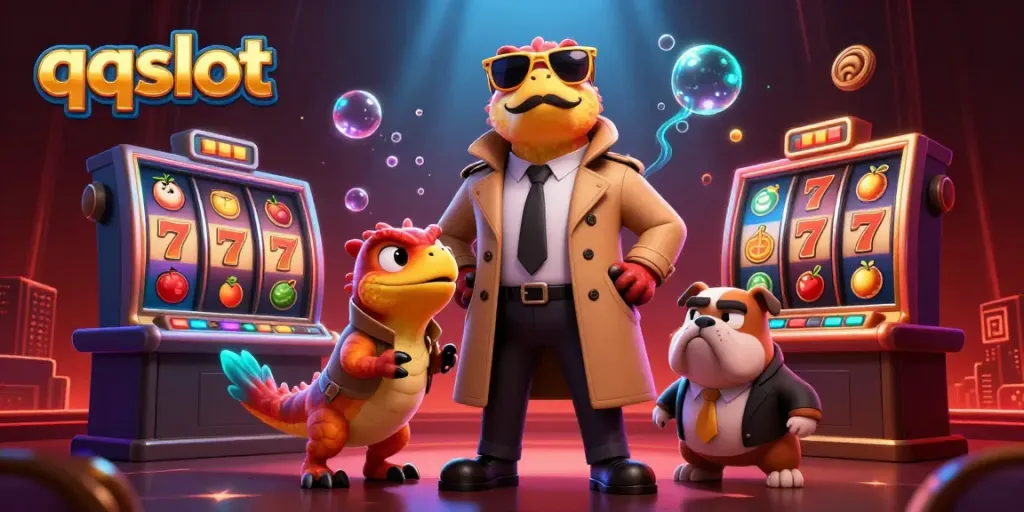 Experience the excitement of qqslot gaming with three clever raptors attempting entry into a VIP casino lounge.