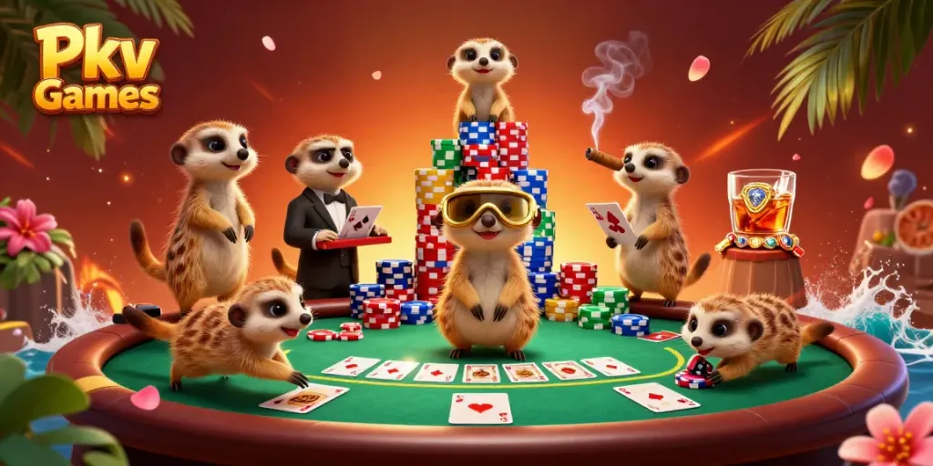Pkv Games showcases a lively meerkat casino with card games, poker chips, and tropical decor.