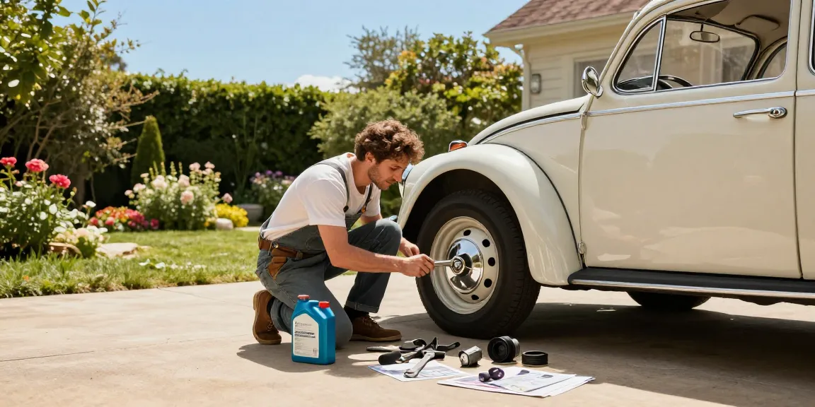 Owner of a classic Volkswagen air-cooled vehicle maintaining it in a sunny driveway, showcasing http://www.aircooledapps.com in a vibrant garden.