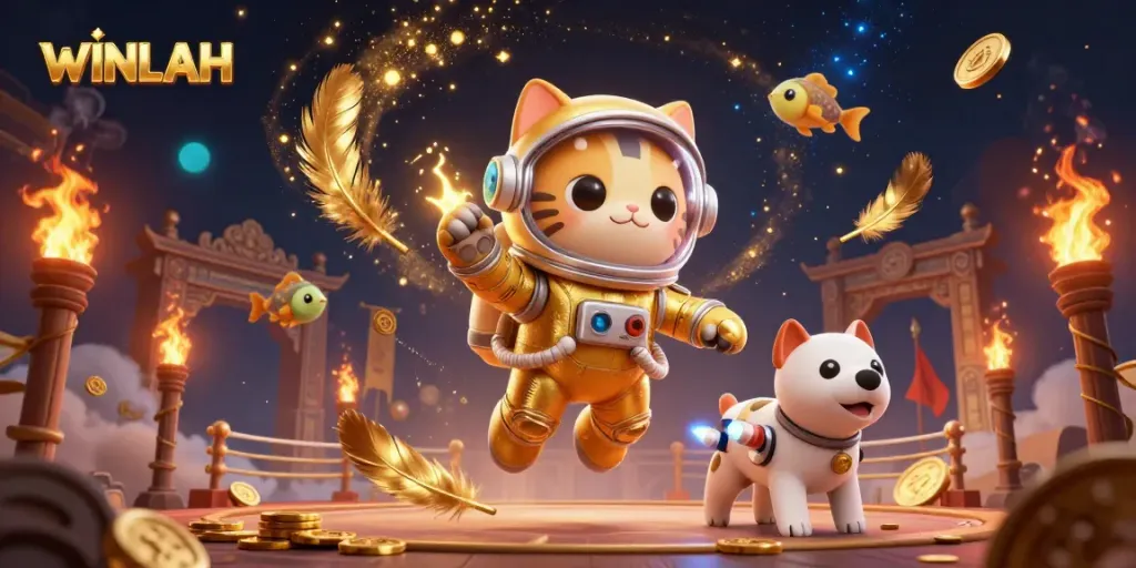 Experience thrilling gaming at WINLAH with unique characters in a vibrant, illuminated casino atmosphere.