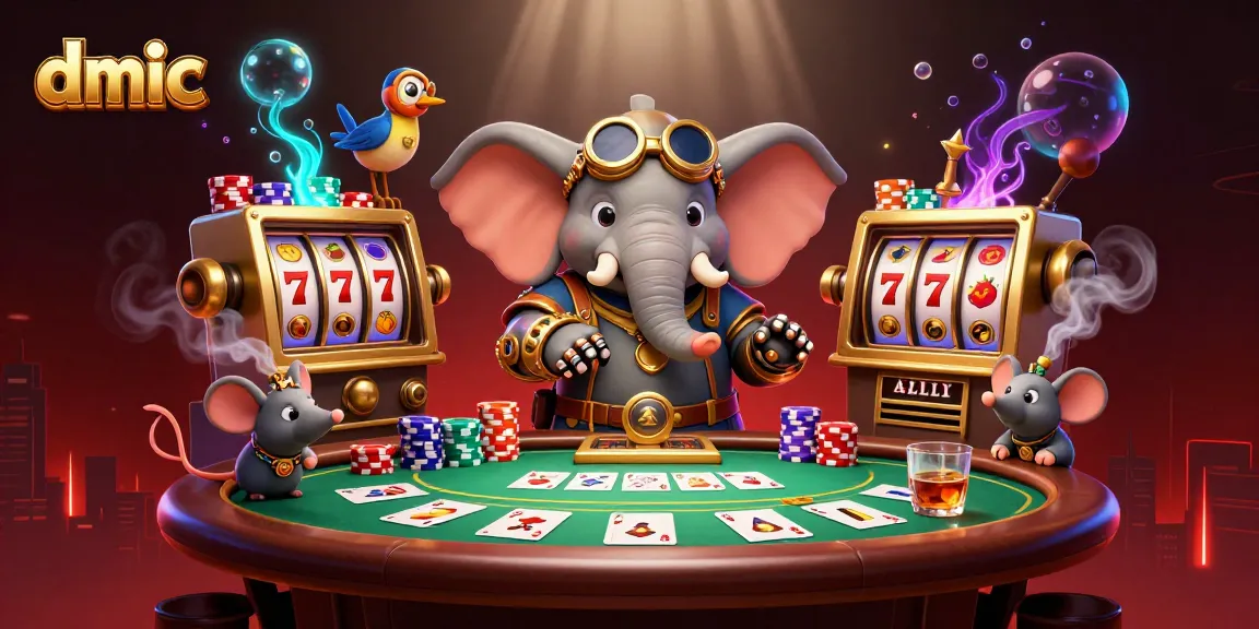 Experience engaging gameplay with dmic through an exciting steampunk casino showdown, featuring vibrant slot machines and lively poker.
