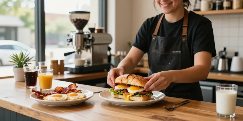 Best breakfast Austin scene featuring a barista crafting NYC-inspired sandwiches.