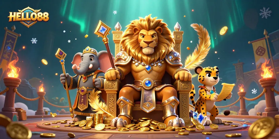 HELLO88 captivates with a fierce lion king, wise elephant, and agile cheetah amidst a vibrant casino scene