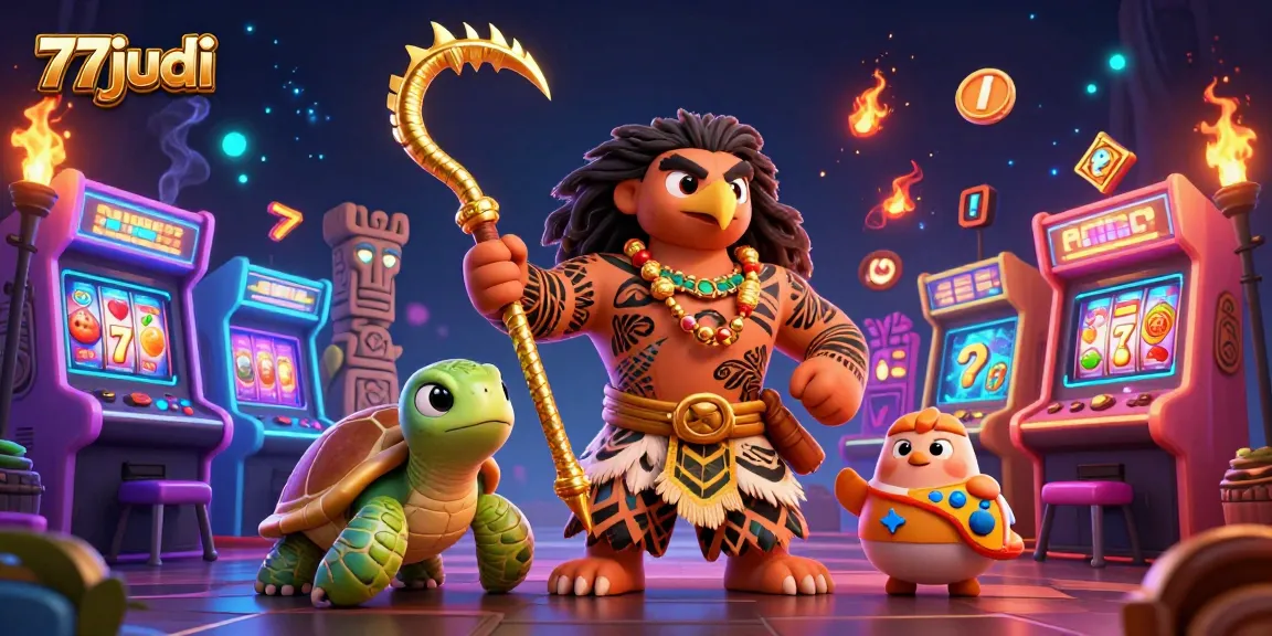 Experience the thrill of 77judi with engaging slot games and vibrant characters in a dynamic casino scene.