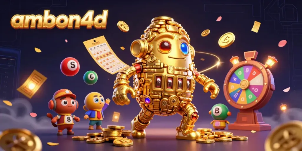 Engage with the 3D cartoon golden golem in an immersive ambon4d gaming experience, featuring dynamic lottery balls and prize elements.
