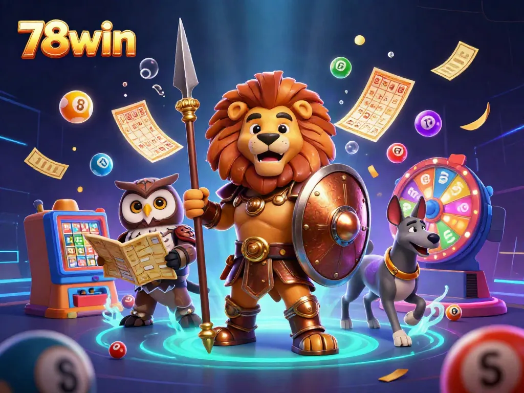 Win at 78win with a dynamic casino scene featuring a Spartan lion, owl, and greyhound amidst lottery elements.