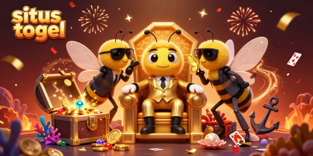 Engage with the vibrant universe of situs togel through this dynamic 3D illustration featuring a bumblebee mob boss and treasure.