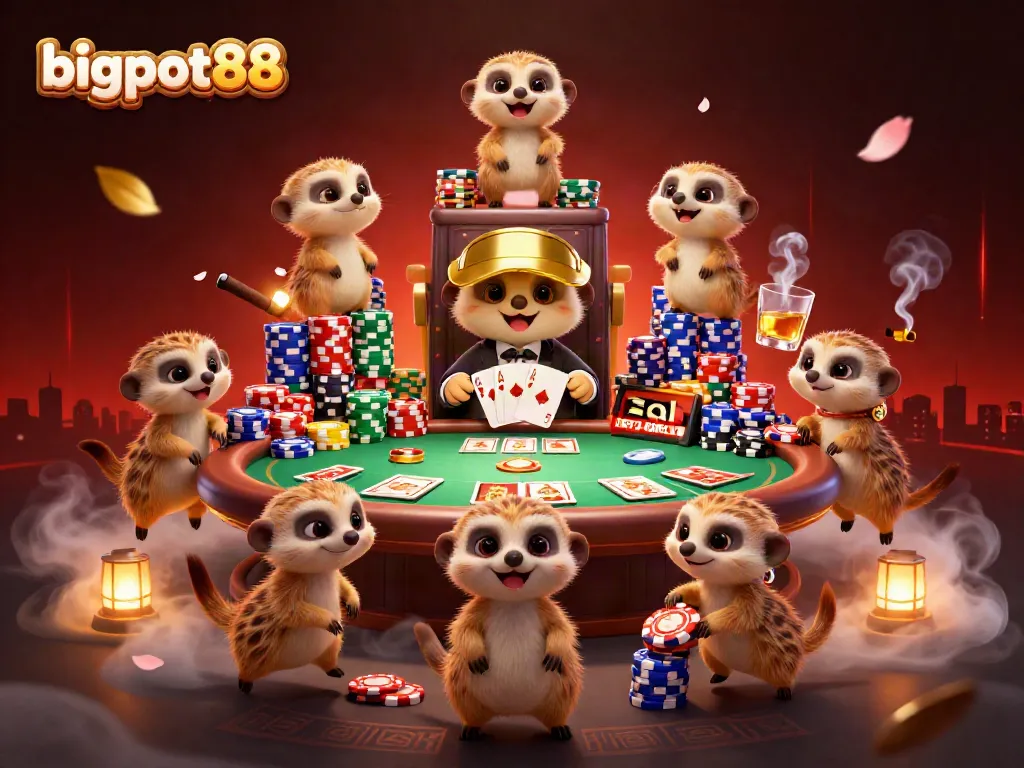 bigpot88 menunjukkan koloni meerkat bermain poker dalam suasana kasino yang ramai dan penuh warna.