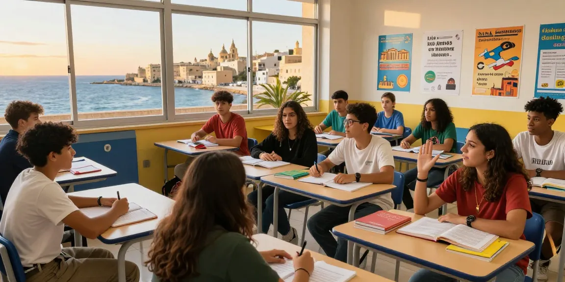 Escena de aula atractiva de cursos de inglés en Malta con estudiantes diversos aprendiendo juntos.