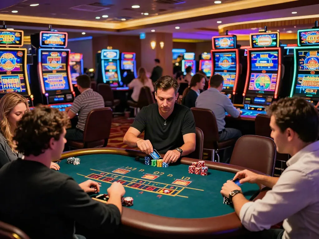 Engaged players at vibrant credit card casinos enjoying live dealer games and slots.