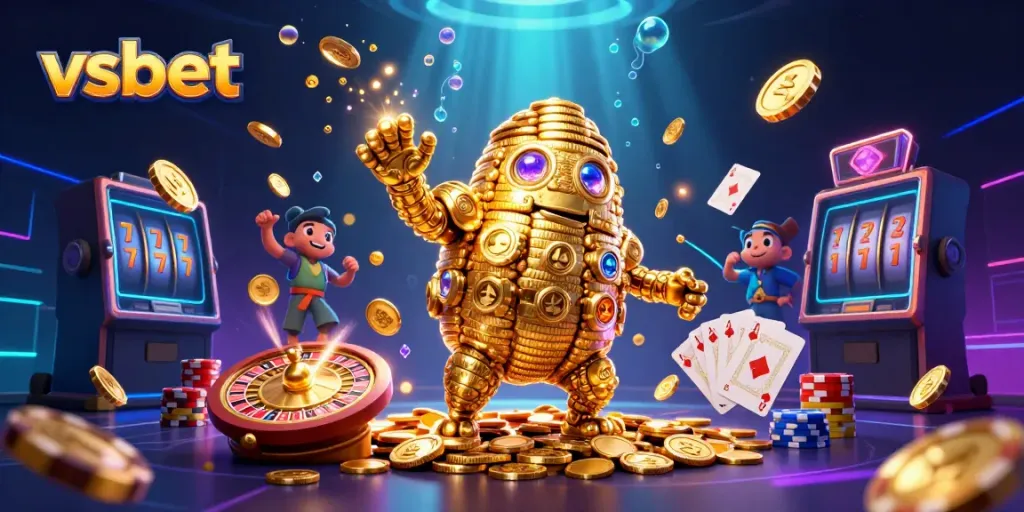 Engage with the vibrant versus gambling scene at vsbet, featuring a golden golem and dynamic game elements.