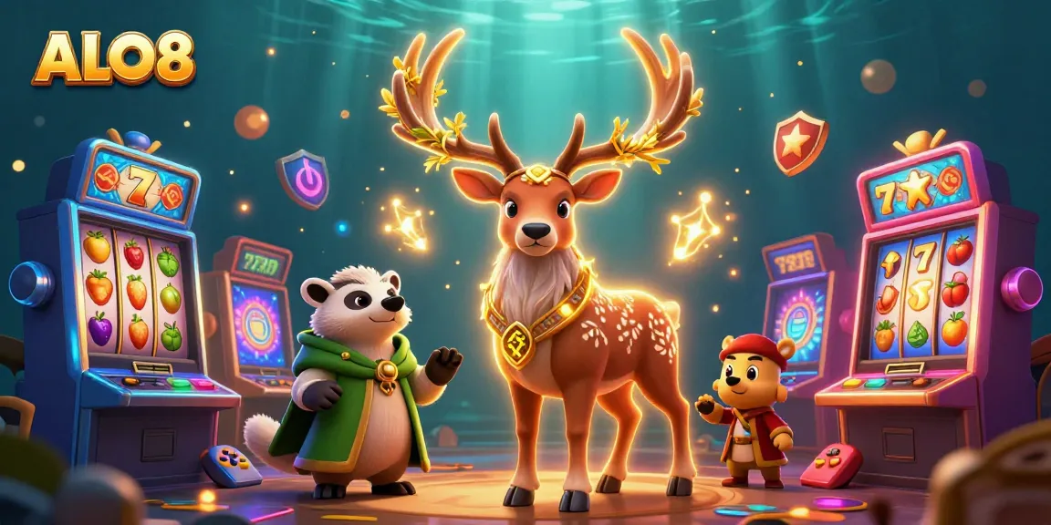 Play and win at ALO8's exciting slot machines featuring vibrant characters and golden elements.