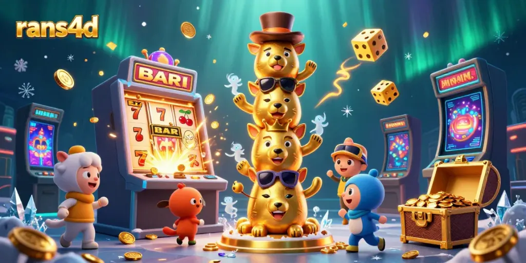 RANS4D menghadirkan totem emas dan mesin slot dengan koin jackpot yang mengesankan dalam ilustrasi 3D