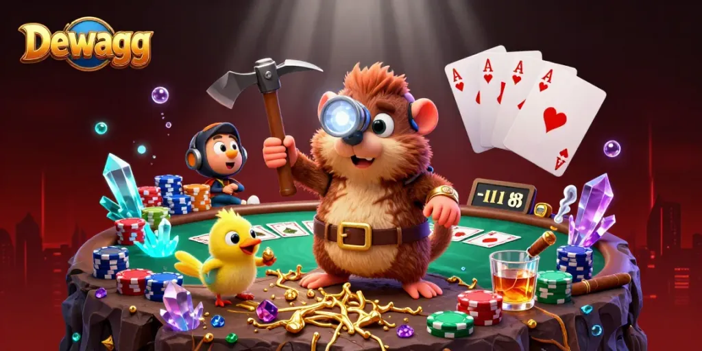Dewagg casino scene showcasing treasure hunter mole, poker table, and vibrant game elements