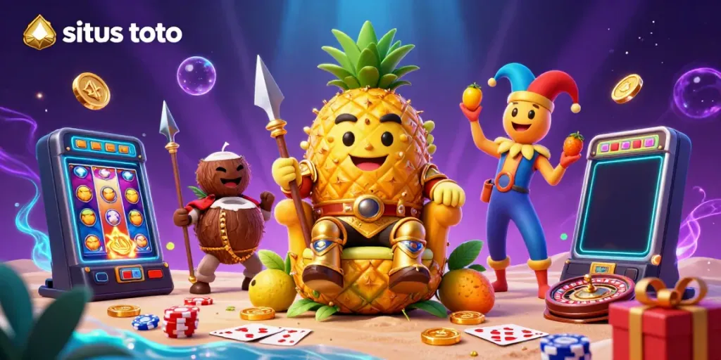 Situs toto: Engage with a colorful beach casino scene featuring the golden pineapple king, vibrant game elements, and dynamic energy.