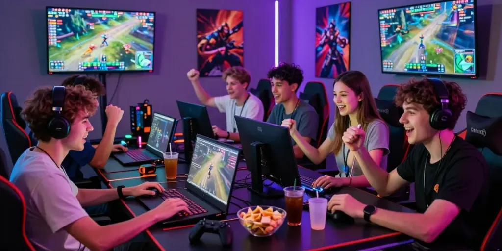 Gamers enjoying an intense session at bigdewa, surrounded by snacks and vibrant lighting.