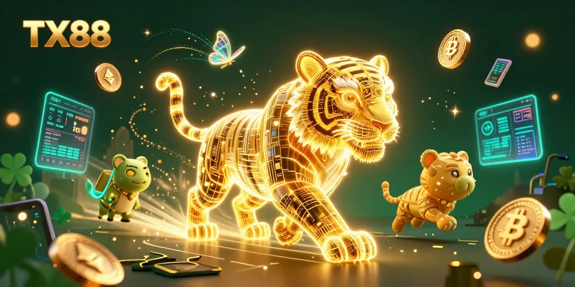 Experience the thrill of TX88 with a vivid 3D digital casino scene featuring a golden tiger and cryptocurrency elements.